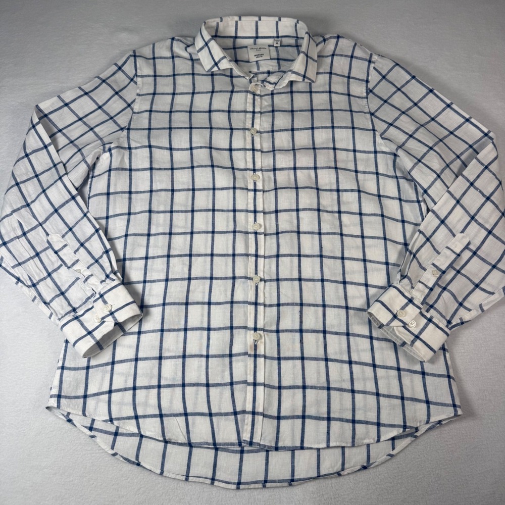 Murano Baird McNutt Linen Shirt Mens XL Blue White Check Slim Fit Coastal Resort